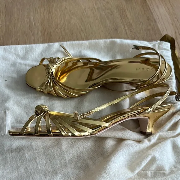 Doen Gold Strappy Sandals with Kitten Heel