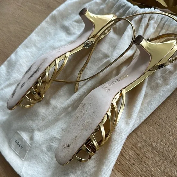 Doen Gold Strappy Sandals with Kitten Heel