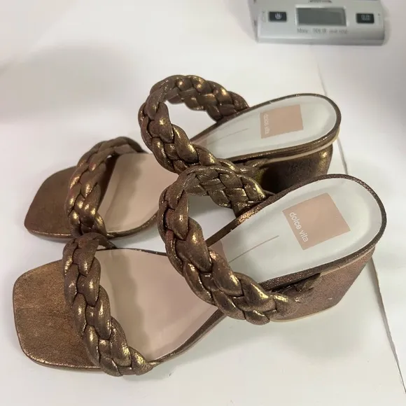 Dolce Vita Netra Woven Block Heel Sandals - Bronze Suede Stella - Size 8.5