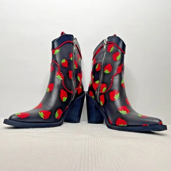 Dolls Kill x Strawberry Shortcake Meadow Greeting Black Cowboy Boots