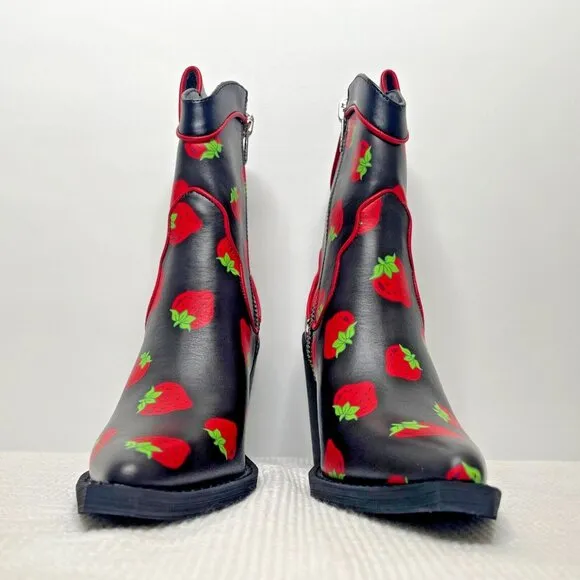 Dolls Kill x Strawberry Shortcake Meadow Greeting Black Cowboy Boots