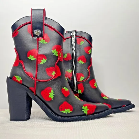 Dolls Kill x Strawberry Shortcake Meadow Greeting Black Cowboy Boots