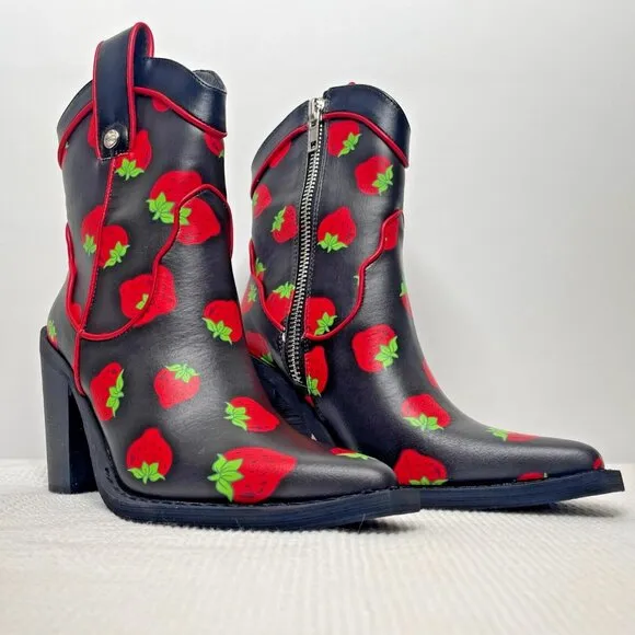 Dolls Kill x Strawberry Shortcake Meadow Greeting Black Cowboy Boots