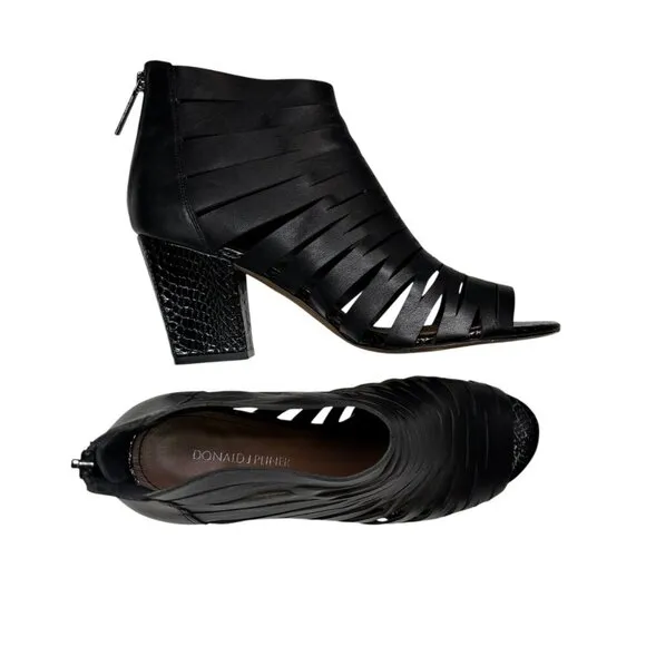 Donald J. Pliner Black Leather Greece Block Heel Cage Bootie Sandals Women's 9.5