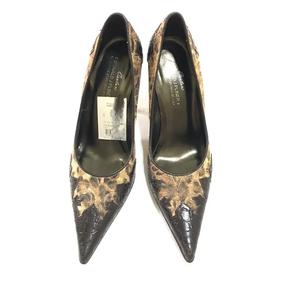 Donald J Pliner Brown Textured Leather Shoes Pumps