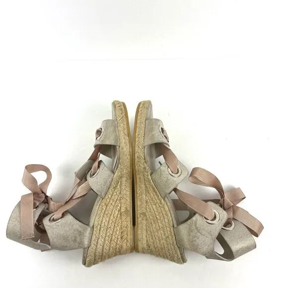 Donald J Pliner Espadrille Wedge Sandals 7 Metallic Ribbon Lace Up Spain NEW