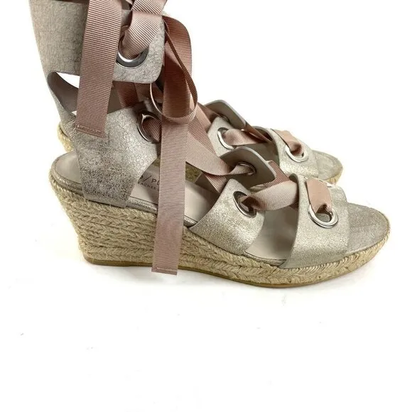 Donald J Pliner Espadrille Wedge Sandals 7 Metallic Ribbon Lace Up Spain NEW