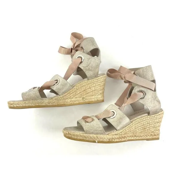 Donald J Pliner Espadrille Wedge Sandals 7 Metallic Ribbon Lace Up Spain NEW