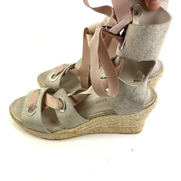 Donald J Pliner Espadrille Wedge Sandals 7 Metallic Ribbon Lace Up Spain NEW