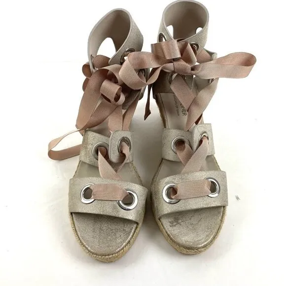 Donald J Pliner Espadrille Wedge Sandals 7 Metallic Ribbon Lace Up Spain NEW