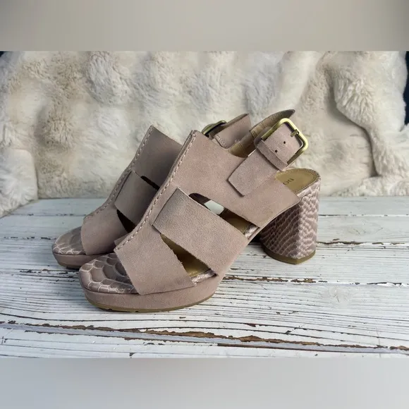 Donald Pliner Geneva Mauve Suede Snakeskin Embossed Leather Block Heel Sandals