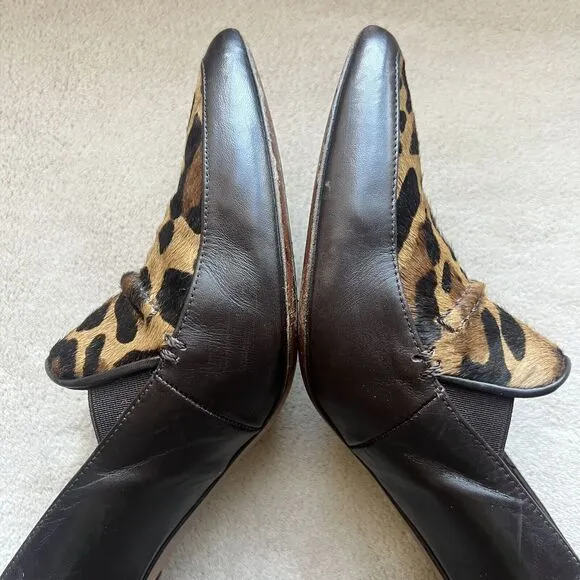 Donald Pliner Toro Brown Leather &amp; Leopard Pony Fur Women’s 9 Heels Pointed Toe