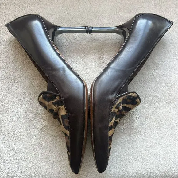 Donald Pliner Toro Brown Leather &amp; Leopard Pony Fur Women’s 9 Heels Pointed Toe