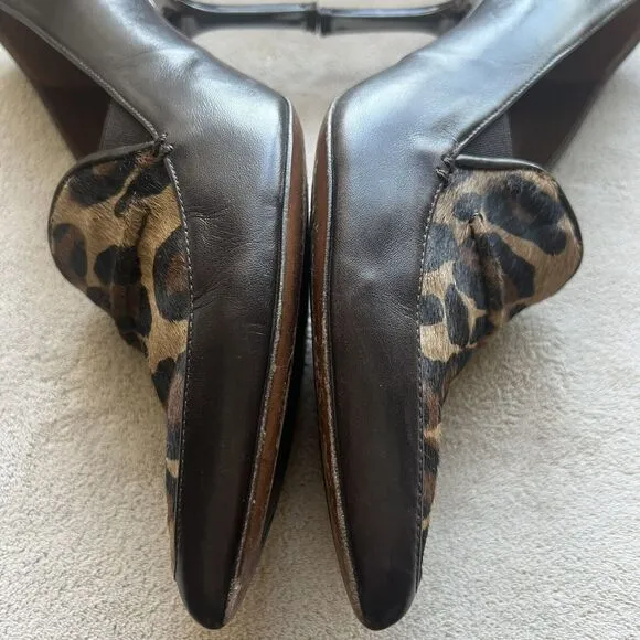 Donald Pliner Toro Brown Leather &amp; Leopard Pony Fur Women’s 9 Heels Pointed Toe