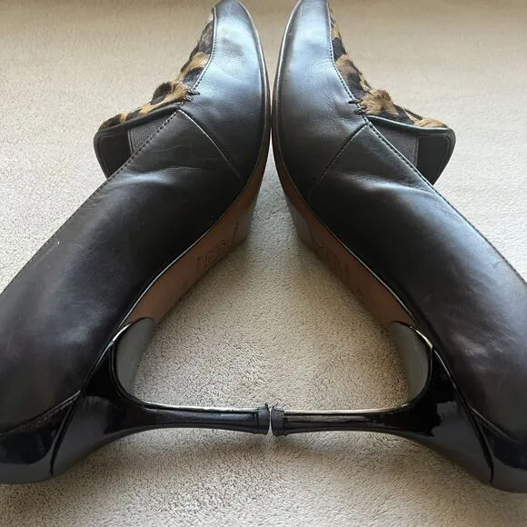 Donald Pliner Toro Brown Leather &amp; Leopard Pony Fur Women’s 9 Heels Pointed Toe