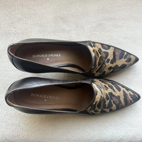 Donald Pliner Toro Brown Leather &amp; Leopard Pony Fur Women’s 9 Heels Pointed Toe