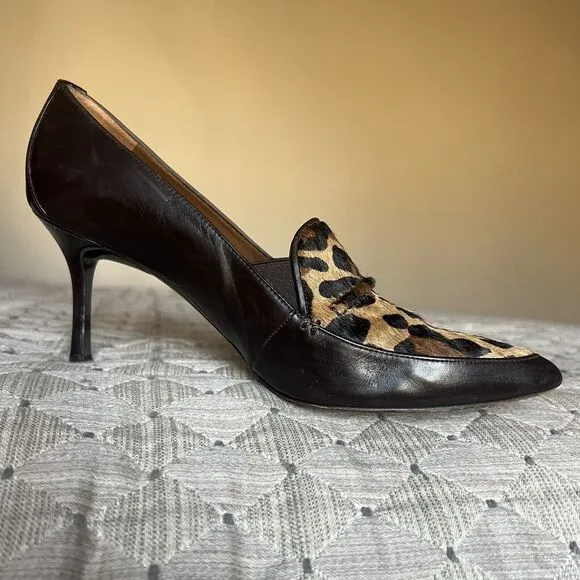Donald Pliner Toro Brown Leather &amp; Leopard Pony Fur Women’s 9 Heels Pointed Toe