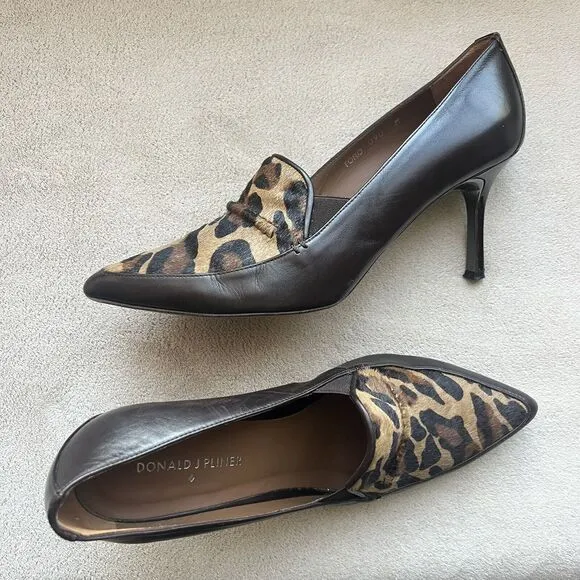 Donald Pliner Toro Brown Leather &amp; Leopard Pony Fur Women’s 9 Heels Pointed Toe