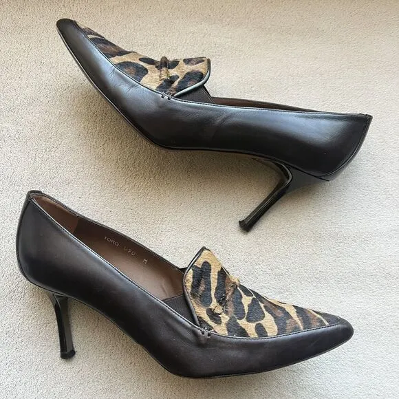 Donald Pliner Toro Brown Leather &amp; Leopard Pony Fur Women’s 9 Heels Pointed Toe