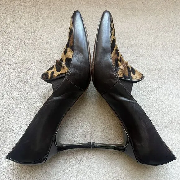 Donald Pliner Toro Brown Leather &amp; Leopard Pony Fur Women’s 9 Heels Pointed Toe