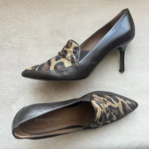 Donald Pliner Toro Brown Leather &amp; Leopard Pony Fur Women’s 9 Heels Pointed Toe