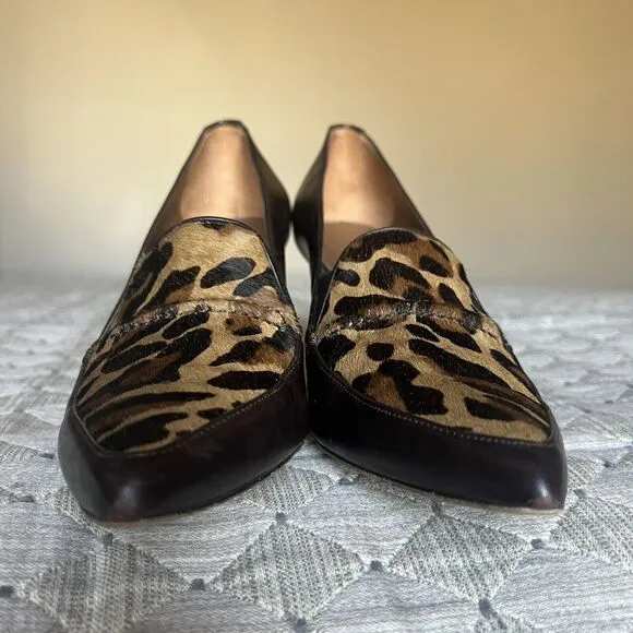 Donald Pliner Toro Brown Leather &amp; Leopard Pony Fur Women’s 9 Heels Pointed Toe