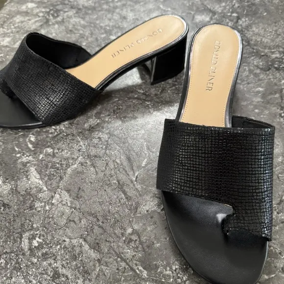 Donald Pliner Womens Melros Block Heel Sandals Pebbled Metallic Black Leather 11