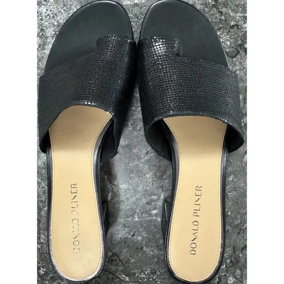 Donald Pliner Womens Melros Block Heel Sandals Pebbled Metallic Black Leather 11