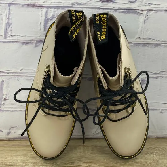 Dr. Martens Leona Vintage Taupe Leather Heeled Boots Women's 6 Platform Combat