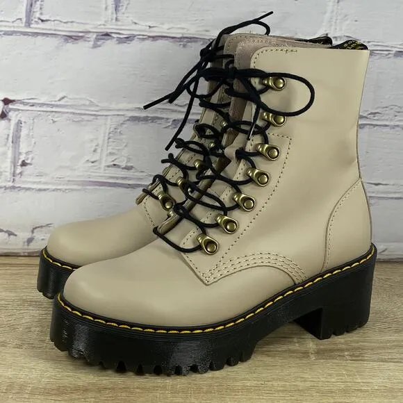 Dr. Martens Leona Vintage Taupe Leather Heeled Boots Women's 6 Platform Combat