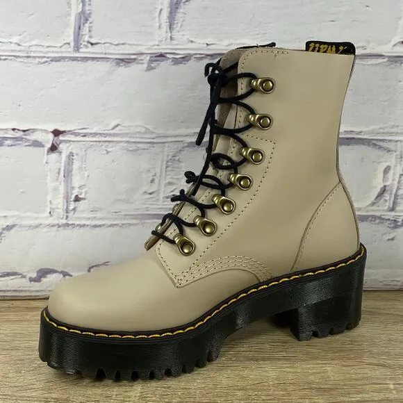 Dr. Martens Leona Vintage Taupe Leather Heeled Boots Women's 6 Platform Combat