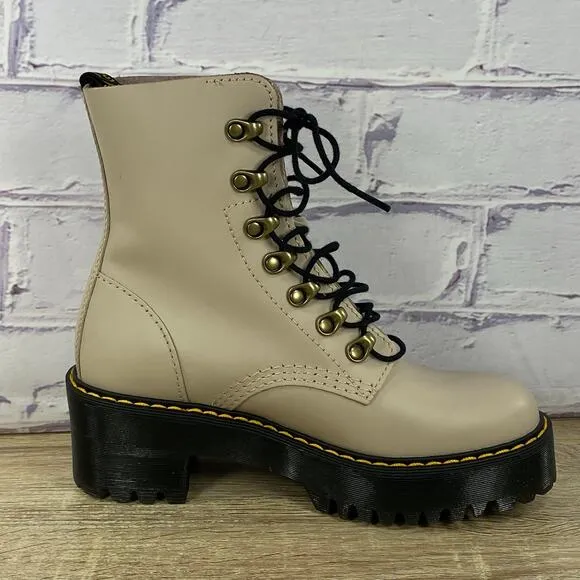 Dr. Martens Leona Vintage Taupe Leather Heeled Boots Women's 6 Platform Combat