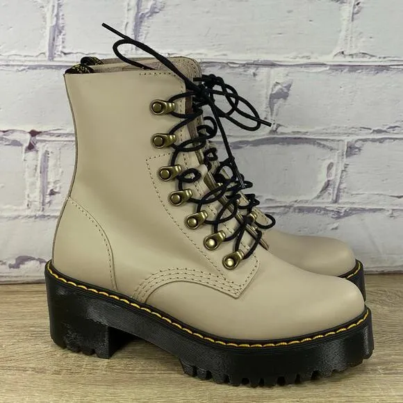 Dr. Martens Leona Vintage Taupe Leather Heeled Boots Women's 6 Platform Combat