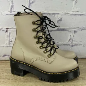Dr. Martens Leona Vintage Taupe Leather Heeled Boots Women's 6 Platform Combat