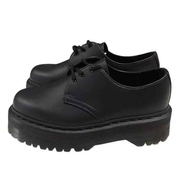 Dr. Martens Shoes Womens 6 Black Vegan 1461 Quad Mono Platform Derby Vegan NEW