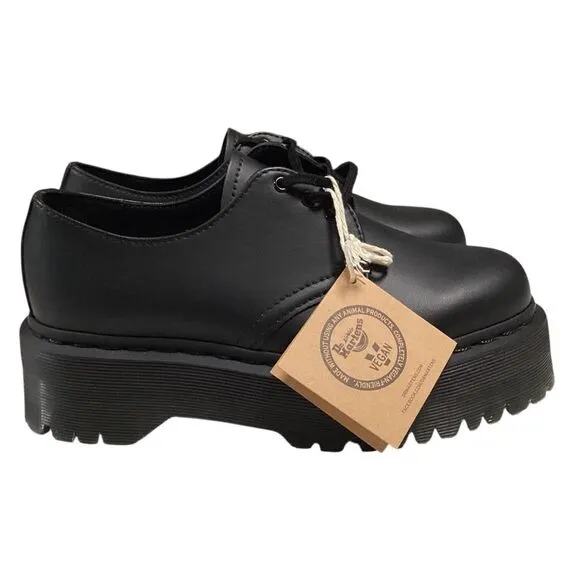 Dr. Martens Shoes Womens 6 Black Vegan 1461 Quad Mono Platform Derby Vegan NEW