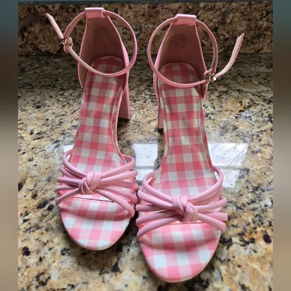 Draper James Chic Pink Gingham High Heel Sandals with Bow