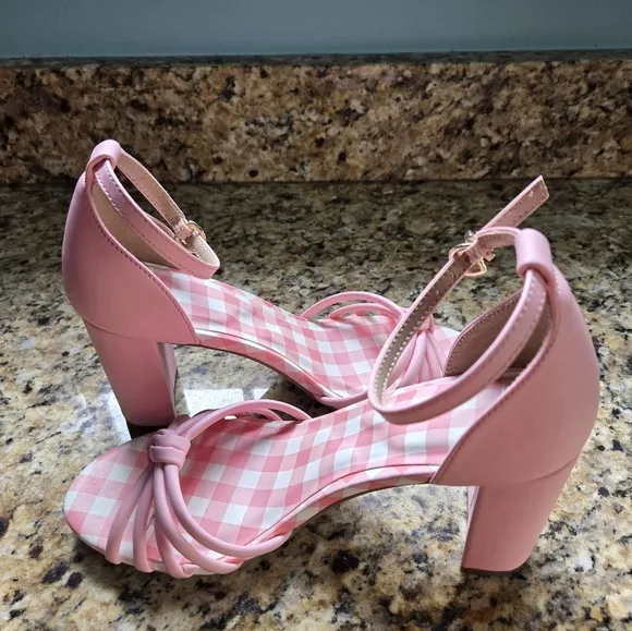 Draper James Chic Pink Gingham High Heel Sandals with Bow