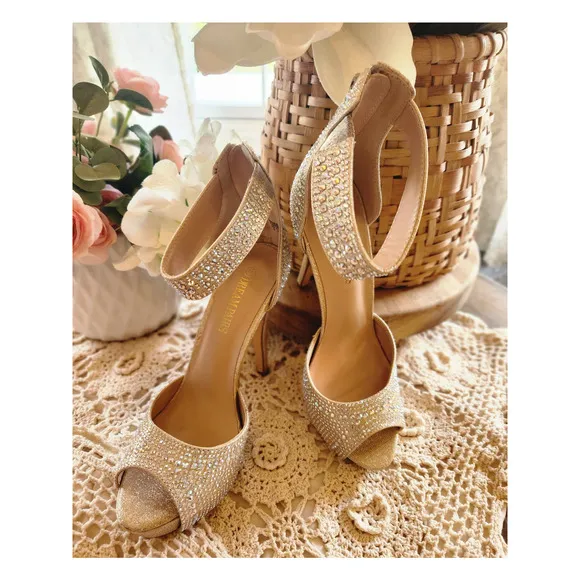 Dream Pairs High Heel‎ Stiletto Platform Pumps Gold Glitter Rhinestone size 9