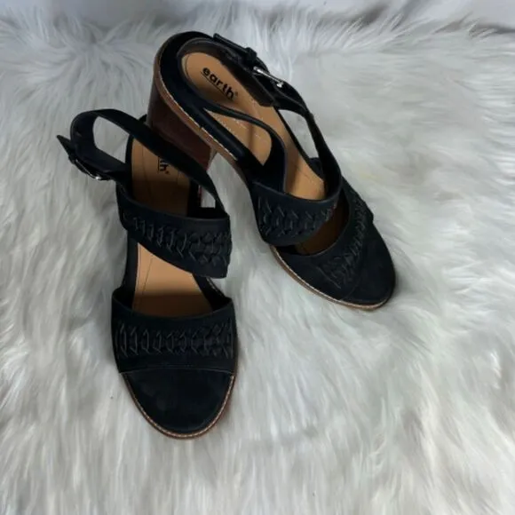 Earth Anty Black Leather Block Heel Sandals Sz 9.5