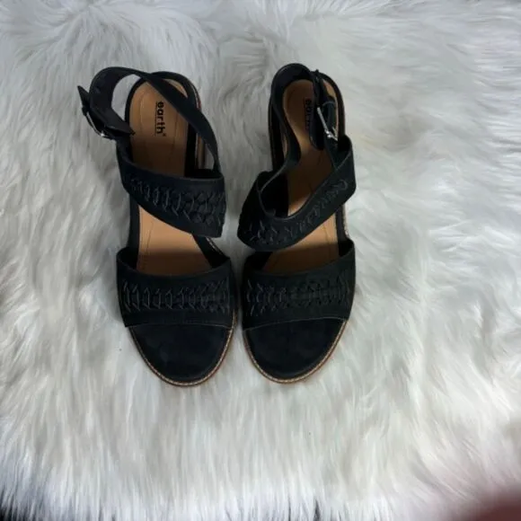 Earth Anty Black Leather Block Heel Sandals Sz 9.5