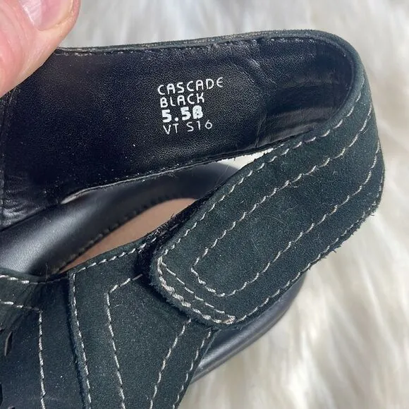 Earth Shoe Cascade Black Suede Wedge Slingback Sandals Sz 5.5