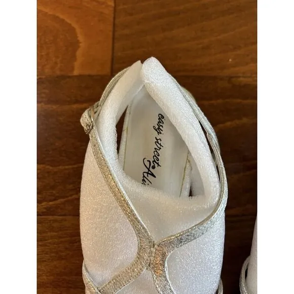 Easy Street Shiny Silver Faux Leather Crossover Wedge Sandals 7 M NEW