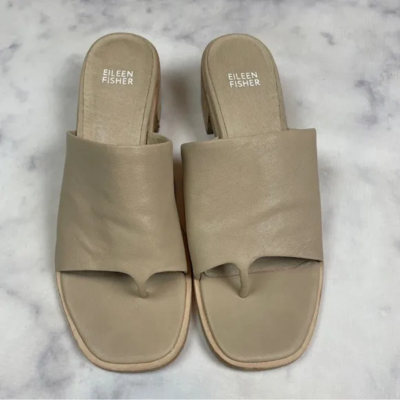 Eileen Fisher Airy Putty Leather Thong Block Heel Sandals