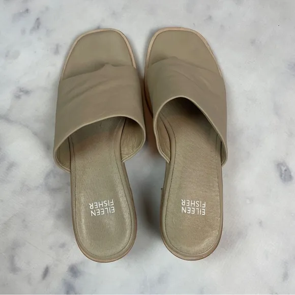 Eileen Fisher Airy Putty Leather Thong Block Heel Sandals