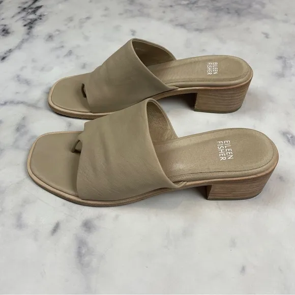 Eileen Fisher Airy Putty Leather Thong Block Heel Sandals