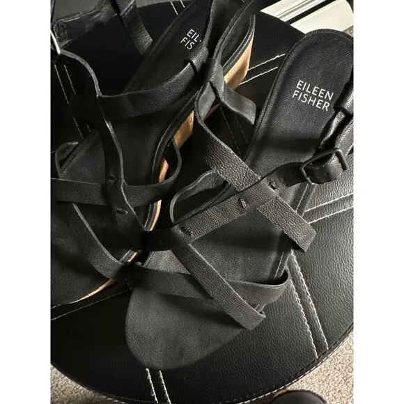 Eileen Fisher Array Black Strappy Cork Wedge Platform Sandals Size 8