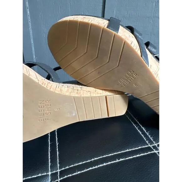 Eileen Fisher Array Black Strappy Cork Wedge Platform Sandals Size 8