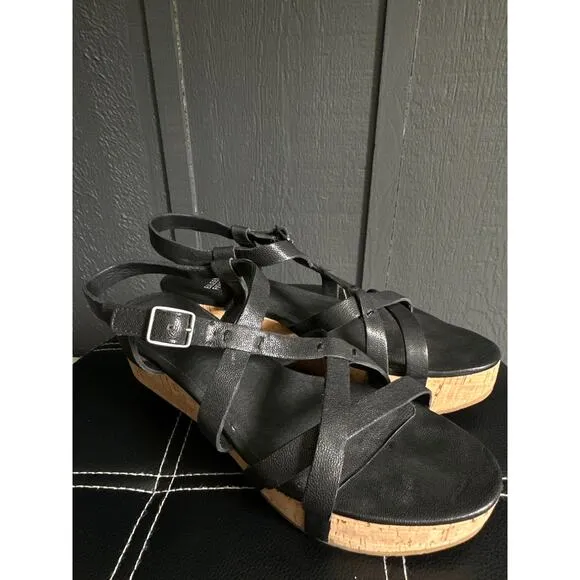 Eileen Fisher Array Black Strappy Cork Wedge Platform Sandals Size 8