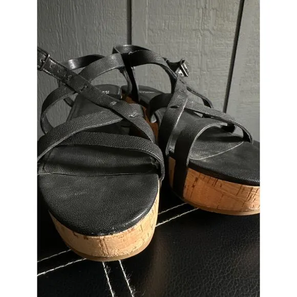 Eileen Fisher Array Black Strappy Cork Wedge Platform Sandals Size 8